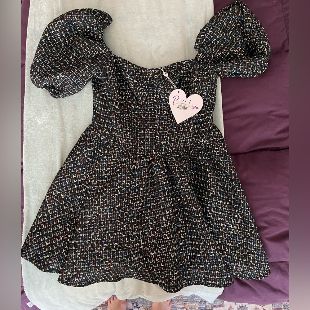 NWT Buddy Love Black Tweed Sequin Puff Sleeve Mini Dress Small - Picture 6 of 6